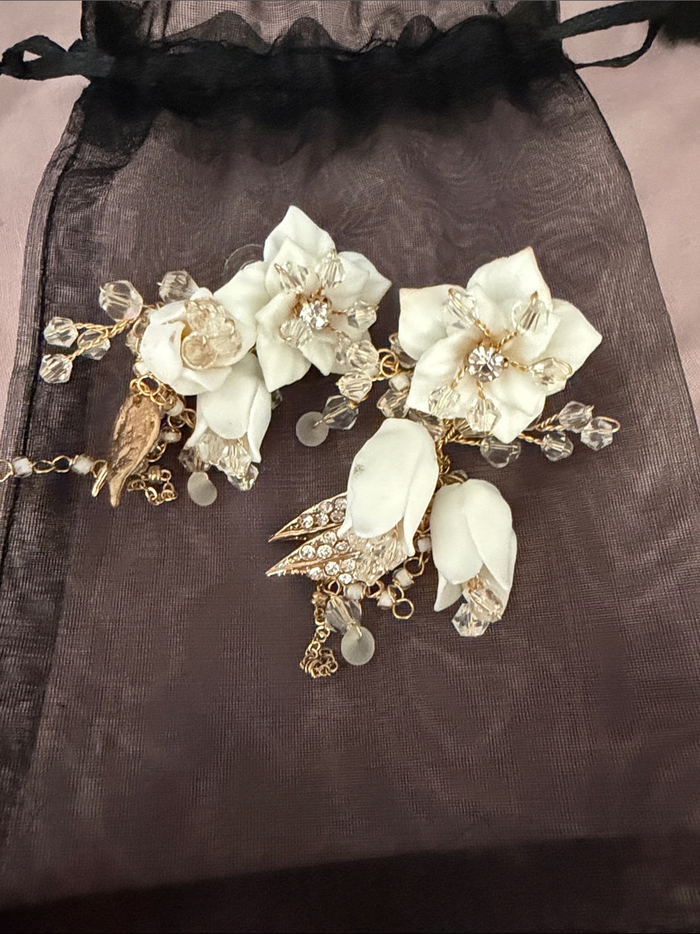 White Floral Crystal Drop Earrings with Gold Accents